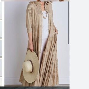 Soft Surroundings Long Sleeve  Button Down  Belted Tiered Maxi Dress
